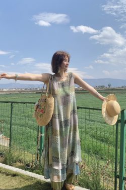 Green Field Ripples Retro Patchwork Chiffon Layered Dress for Women - Vintage Summer Forest Style Long Dress