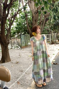 Green Field Ripples Retro Patchwork Chiffon Layered Dress for Women - Vintage Summer Forest Style Long Dress