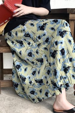 Green Floral Print A-Line Midi Skirt for Women - High-Waisted, Loose Chiffon, Plus Size, Summer Fashion Essential