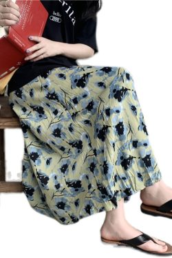 Green Floral Print A-Line Midi Skirt for Women - High-Waisted, Loose Chiffon, Plus Size, Summer Fashion Essential