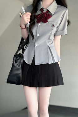 Green Folded Edge Short Sleeve Shirt for Women - Pudding Bear Original JK Uniform College Style, Summer Waist-Defined Design