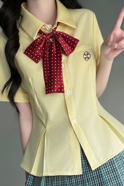 Green Folded Edge Short Sleeve Shirt for Women - Pudding Bear Original JK Uniform College Style, Summer Waist-Defined Design