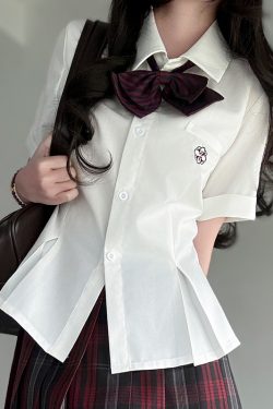 Green Folded Edge Short Sleeve Shirt for Women - Pudding Bear Original JK Uniform College Style, Summer Waist-Defined Design