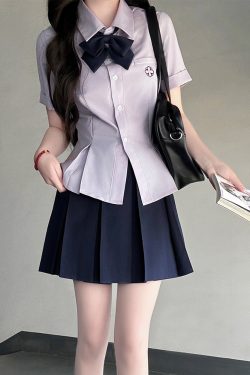 Green Folded Edge Short Sleeve Shirt for Women - Pudding Bear Original JK Uniform College Style, Summer Waist-Defined Design