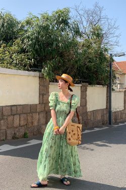 Green Grapefruit Lemon Tea Floral Linen Dress for Women - Vintage Summer Puff Sleeve Long Dress