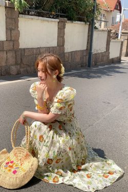 Green Grapefruit Lemon Tea Floral Linen Dress for Women - Vintage Summer Puff Sleeve Long Dress