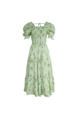 Green Grapefruit Lemon Tea Floral Linen Dress for Women - Vintage Summer Puff Sleeve Long Dress