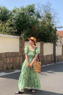 Green Grapefruit Lemon Tea Floral Linen Dress for Women - Vintage Summer Puff Sleeve Long Dress