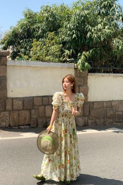 Green Grapefruit Lemon Tea Floral Linen Dress for Women - Vintage Summer Puff Sleeve Long Dress