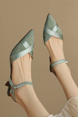 Green High-Heeled Sandals for Women - Genuine Leather, Closed-Toe, Thin Heel, Single Strap, Chanel Style, Elegant Evening Footwear