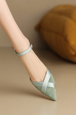 Green High-Heeled Sandals for Women - Genuine Leather, Closed-Toe, Thin Heel, Single Strap, Chanel Style, Elegant Evening Footwear