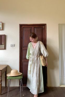 Green Island Long Summer Floral Dress - Women's Loose Embroidered Mesh Spliced Puff Sleeve Maxi Dress, Vintage Style