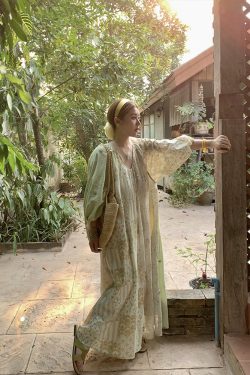 Green Island Long Summer Floral Dress - Women's Loose Embroidered Mesh Spliced Puff Sleeve Maxi Dress, Vintage Style