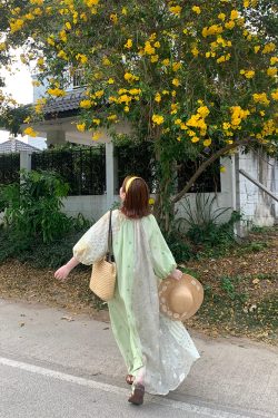 Green Island Long Summer Floral Dress - Women's Loose Embroidered Mesh Spliced Puff Sleeve Maxi Dress, Vintage Style