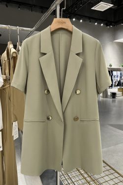 Green Lightweight British-Style Short Sleeve Blazer for Women, Vintage Charm with Metal Buttons, 2025 Summer Fashion