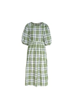 Green Plaid Linen Short Sleeve Dress for Women - Summer Loose Puff Sleeve Vintage Style Dress - Perfect for Casual Outings