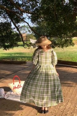 Green Plaid Linen Short Sleeve Dress for Women - Summer Loose Puff Sleeve Vintage Style Dress - Perfect for Casual Outings