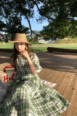 Green Plaid Linen Short Sleeve Dress for Women - Summer Loose Puff Sleeve Vintage Style Dress - Perfect for Casual Outings