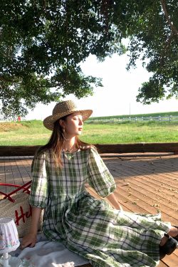 Green Plaid Linen Short Sleeve Dress for Women - Summer Loose Puff Sleeve Vintage Style Dress - Perfect for Casual Outings