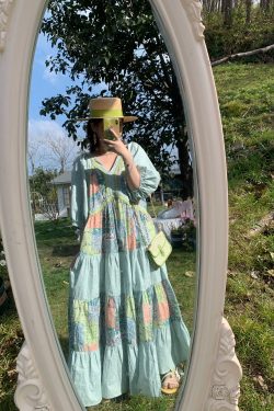Green Retro V-Neck Dress for Women - Bohemian Long Skirt, Vintage Style, Spring Fashion, Summer of the Cicada