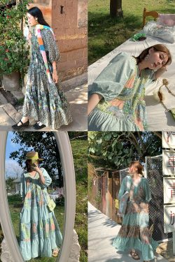 Green Retro V-Neck Dress for Women - Bohemian Long Skirt, Vintage Style, Spring Fashion, Summer of the Cicada
