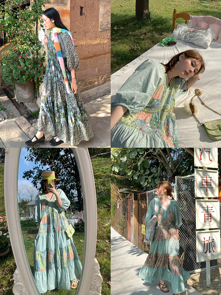 Green Retro V-Neck Dress for Women - Bohemian Long Skirt, Vintage Style, Spring Fashion, Summer of the Cicada Green Retro V-Neck Dress for Women - Bohemian Long Skirt, Vintage Style, Spring Fashion, Summer of the Cicada