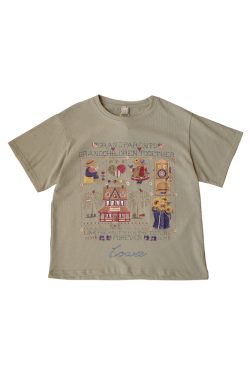 Green Short Sleeve Vintage T-Shirt for Women with Japanese Retro Girl Print, Loose Fit Pure Cotton Summer Top