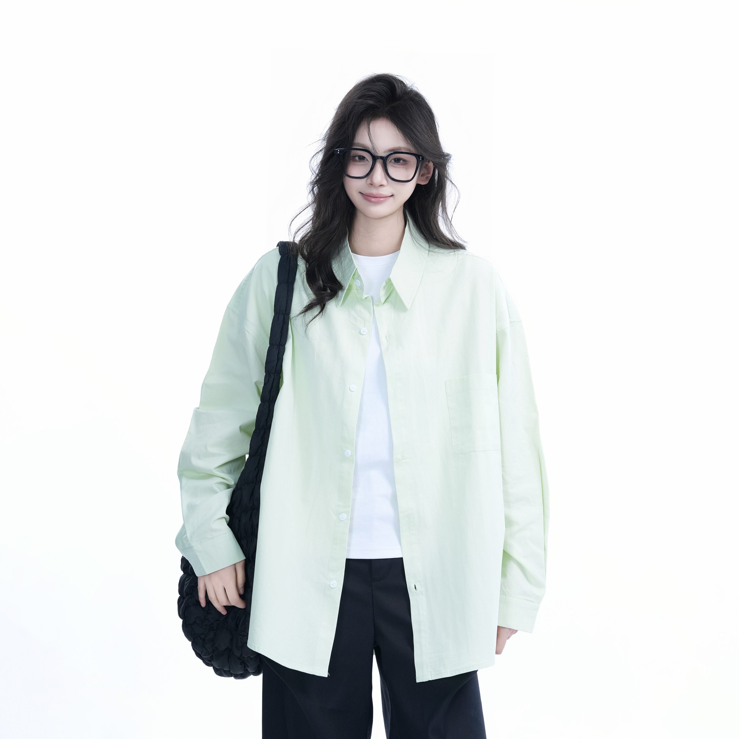 Green Solid Color Long Sleeve Shirt for Women - "Sit and Eat Until the Mountains Are Empty" Mambo Wind - Spring Loose Fit Fashion Trend Green Solid Color Long Sleeve Shirt for Women - "Sit and Eat Until the Mountains Are Empty" Mambo Wind - Spring Loose Fit Fashion Trend