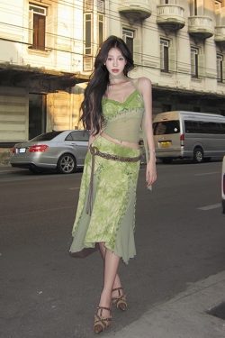 Green Tie-Dye Jacquard Handmade Beaded Vintage Camisole and Textured Midi Skirt Set - Y2K Inspired Fashion Ensemble
