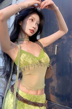 Green Tie-Dye Jacquard Handmade Beaded Vintage Camisole and Textured Midi Skirt Set - Y2K Inspired Fashion Ensemble