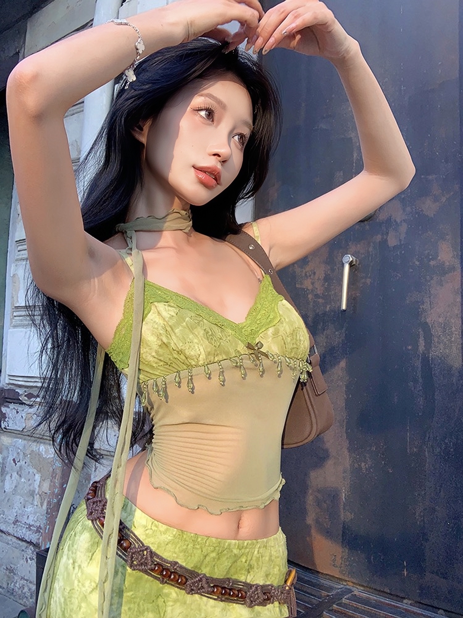 Green Tie-Dye Jacquard Handmade Beaded Vintage Camisole and Textured Midi Skirt Set - Y2K Inspired Fashion Ensemble Green Tie-Dye Jacquard Handmade Beaded Vintage Camisole and Textured Midi Skirt Set - Y2K Inspired Fashion Ensemble