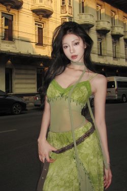 Green Tie-Dye Jacquard Handmade Beaded Vintage Camisole and Textured Midi Skirt Set - Y2K Inspired Fashion Ensemble