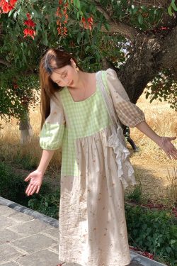 Green Wilderness Retro Plaid Patchwork Linen Dress for Women - Summer Loose Puff Sleeve Long Dress, Y2K Vintage Style