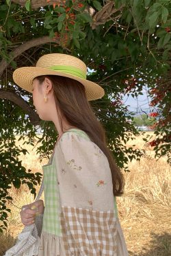 Green Wilderness Retro Plaid Patchwork Linen Dress for Women - Summer Loose Puff Sleeve Long Dress, Y2K Vintage Style