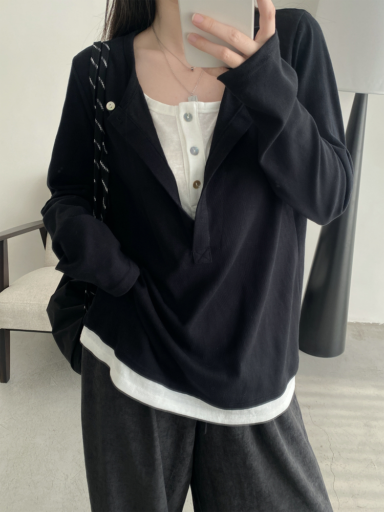 Half-Open Slant Collar Spliced Fake Two-Piece T-Shirt for Women - Long Sleeve, Loose Fit, Versatile Slimming Top for Spring and Autumn Half-Open Slant Collar Spliced Fake Two-Piece T-Shirt for Women - Long Sleeve, Loose Fit, Versatile Slimming Top for Spring and Autumn