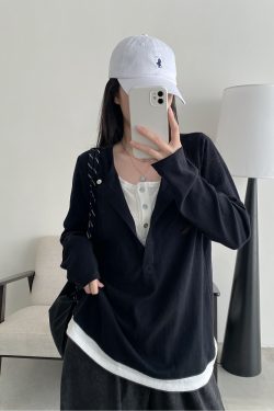 Half-Open Slant Collar Spliced Fake Two-Piece T-Shirt for Women - Long Sleeve, Loose Fit, Versatile Slimming Top for Spring and Autumn