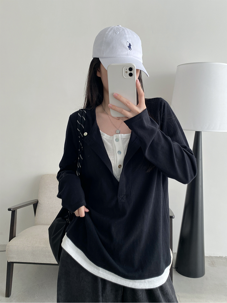 Half-Open Slant Collar Spliced Fake Two-Piece T-Shirt for Women - Long Sleeve, Loose Fit, Versatile Slimming Top for Spring and Autumn Half-Open Slant Collar Spliced Fake Two-Piece T-Shirt for Women - Long Sleeve, Loose Fit, Versatile Slimming Top for Spring and Autumn