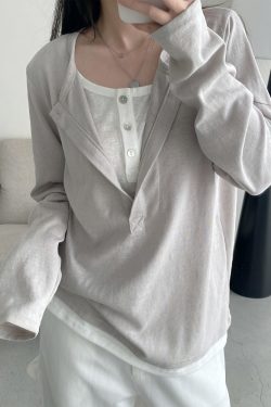 Half-Open Slant Collar Spliced Fake Two-Piece T-Shirt for Women - Long Sleeve, Loose Fit, Versatile Slimming Top for Spring and Autumn