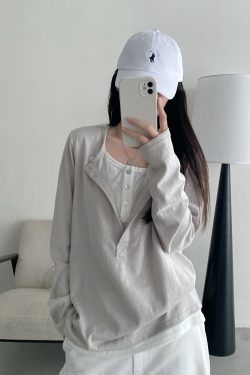 Half-Open Slant Collar Spliced Fake Two-Piece T-Shirt for Women - Long Sleeve, Loose Fit, Versatile Slimming Top for Spring and Autumn