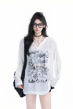 Hand-Painted Graffiti Long Sleeve T-Shirt for Women - American Streetwear, Sun Protection, Loose Fit, Perfect for Y2K Style