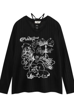 Hand-Painted Graffiti Long Sleeve T-Shirt for Women - American Streetwear, Sun Protection, Loose Fit, Perfect for Y2K Style