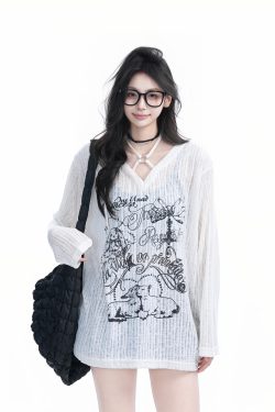 Hand-Painted Graffiti Long Sleeve T-Shirt for Women - American Streetwear, Sun Protection, Loose Fit, Perfect for Y2K Style
