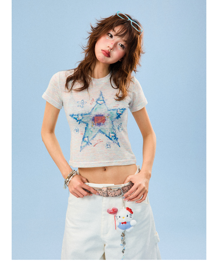 Hand-Painted Graffiti Short Sleeve T-Shirt for Women - Summer Slim Fit Cropped Top, Sweet and Spicy Style Hand-Painted Graffiti Short Sleeve T-Shirt for Women - Summer Slim Fit Cropped Top, Sweet and Spicy Style