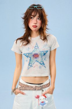 Hand-Painted Graffiti Short Sleeve T-Shirt for Women - Summer Slim Fit Cropped Top, Sweet and Spicy Style