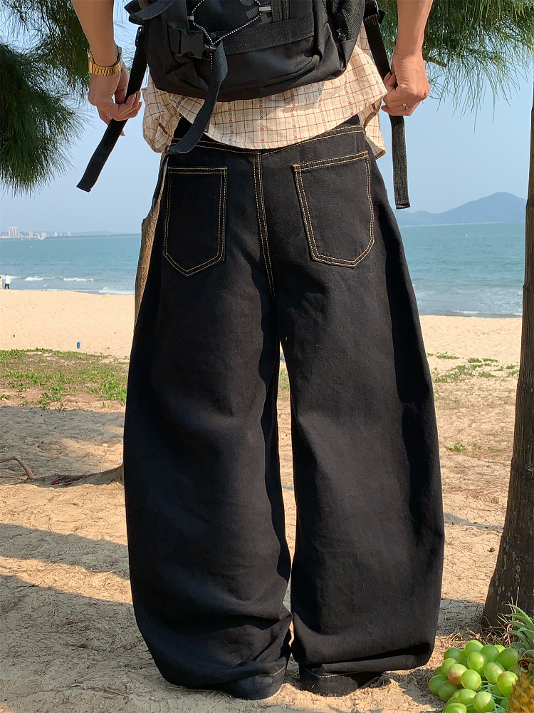 Handmade American Vintage Black Loose Straight Leg Cowboy Pants for Men and Women | 90s Inspired High-Quality Fashion Bottoms Handmade American Vintage Black Loose Straight Leg Cowboy Pants for Men and Women | 90s Inspired High-Quality Fashion Bottoms