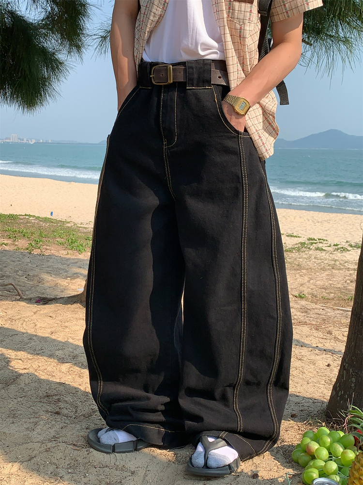 Handmade American Vintage Black Loose Straight Leg Cowboy Pants for Men and Women | 90s Inspired High-Quality Fashion Bottoms Handmade American Vintage Black Loose Straight Leg Cowboy Pants for Men and Women | 90s Inspired High-Quality Fashion Bottoms