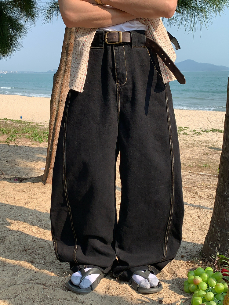 Handmade American Vintage Black Loose Straight Leg Cowboy Pants for Men and Women | 90s Inspired High-Quality Fashion Bottoms Handmade American Vintage Black Loose Straight Leg Cowboy Pants for Men and Women | 90s Inspired High-Quality Fashion Bottoms