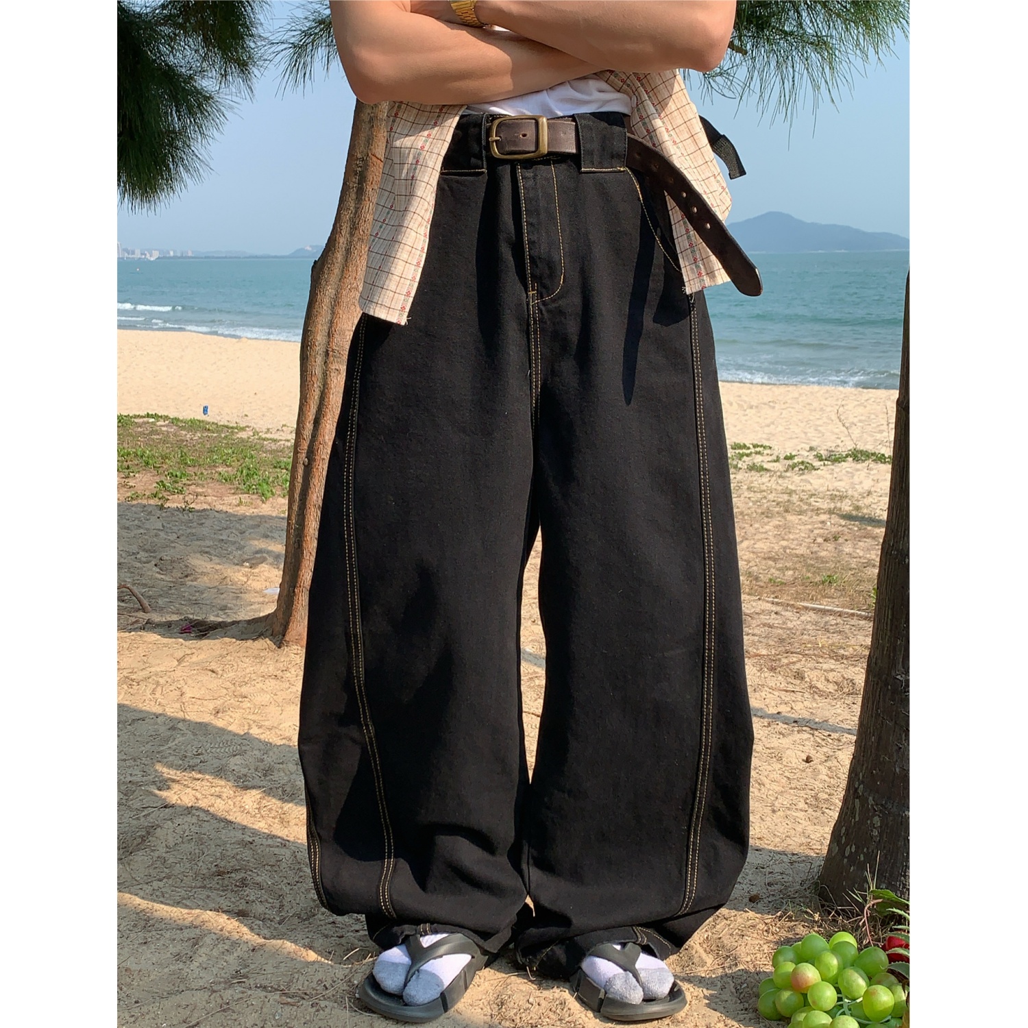 Handmade American Vintage Black Loose Straight Leg Cowboy Pants for Men and Women | 90s Inspired High-Quality Fashion Bottoms Handmade American Vintage Black Loose Straight Leg Cowboy Pants for Men and Women | 90s Inspired High-Quality Fashion Bottoms