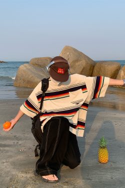 Handmade American Vintage Striped Short Sleeve T-Shirt for Men and Women, Casual Loose Round Neck Top, Summer Essential