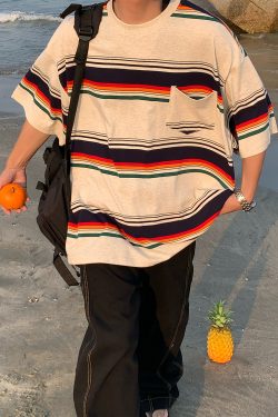 Handmade American Vintage Striped Short Sleeve T-Shirt for Men and Women, Casual Loose Round Neck Top, Summer Essential